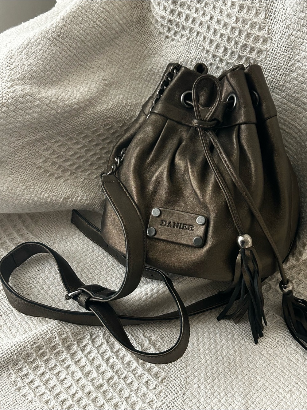 Danier Metallic Copper Leather Bucket Small Crossbosy Bag with fringe Tassel